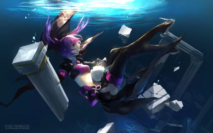 Aisha from the video game Elsword is depicted underwater in a stunning HD wallpaper, surrounded by shattered remains and vibrant blue light.