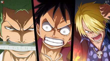 HD desktop wallpaper featuring Sanji, Monkey D. Luffy, and Roronoa Zoro from the anime One Piece, known as the Monster Trio, showcasing them with determined and intense expressions.