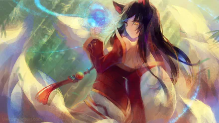HD PC desktop wallpaper featuring Ahri from League of Legends, depicted with glowing magical orbs and her signature nine tails in a vibrant, dynamic video game art style.
