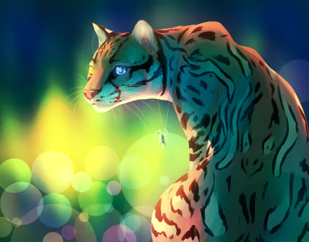 A fantasy-themed HD PC desktop wallpaper featuring a majestic cougar with glowing blue eyes set against a vibrant, colorful, and blurred background.