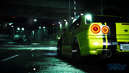 HD PC desktop wallpaper featuring a night scene from the 2015 Need For Speed video game, showcasing a yellow sports car under streetlights with wet pavement reflections.