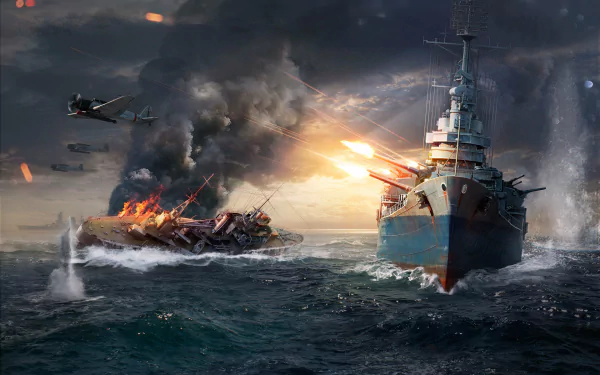 A dramatic scene from the video game World of Warships, featuring a battleship in intense combat, flames and explosions on a nearby ship, set against a turbulent ocean backdrop.
