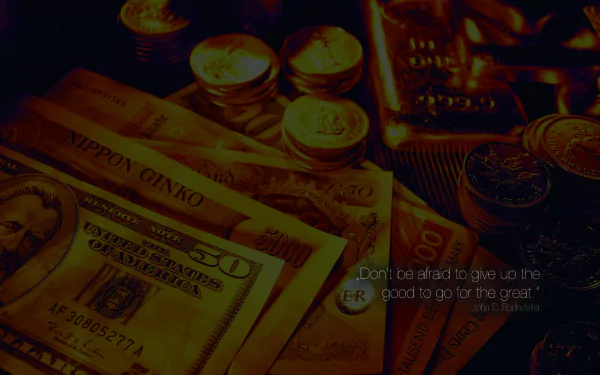 HD desktop wallpaper featuring money with a Rockefeller quote encouraging boldness in pursuing greatness, blending images of cash and coins in a rich, dark tone.