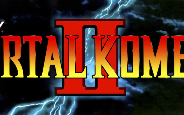 Bold red and gold Mortal Kombat II logo over stormy, lightning-filled clouds — 4K Ultra HD video game PC desktop wallpaper/background.