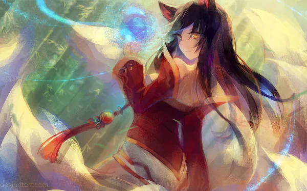 HD PC desktop wallpaper featuring Ahri from League of Legends, depicted with glowing magical orbs and her signature nine tails in a vibrant, dynamic video game art style.