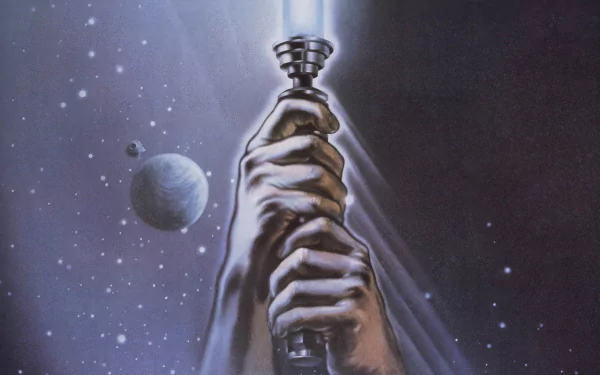 4K Ultra HD PC desktop wallpaper of Star Wars Episode VI: Return Of The Jedi showing hands clasping a lightsaber hilt against a starfield with a nearby planet.