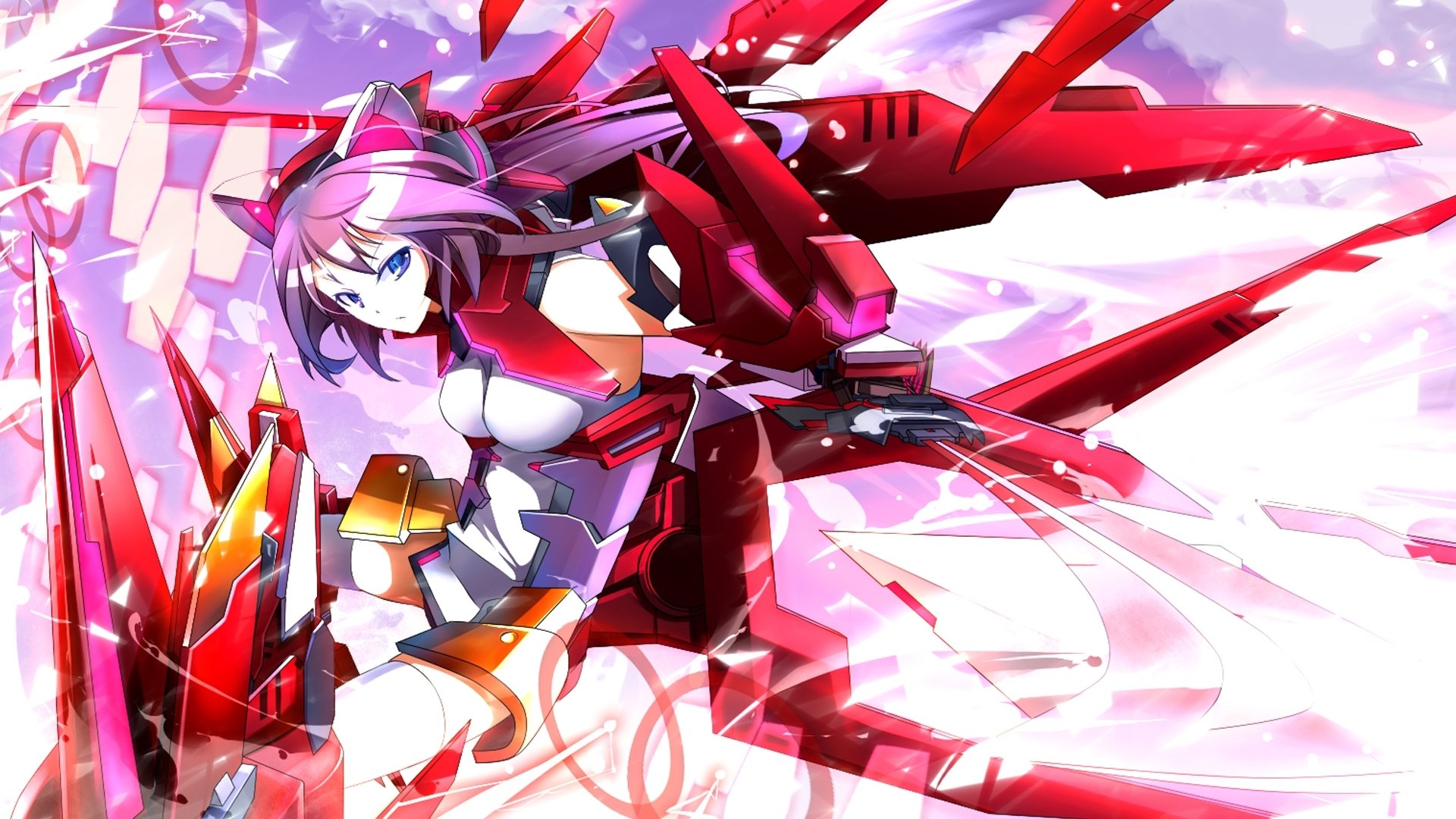 HD PC desktop wallpaper: Infinite Stratos anime character—purple-haired pilot in red-and-white mecha armor, dynamic flight pose with glowing energy blades and futuristic wings.