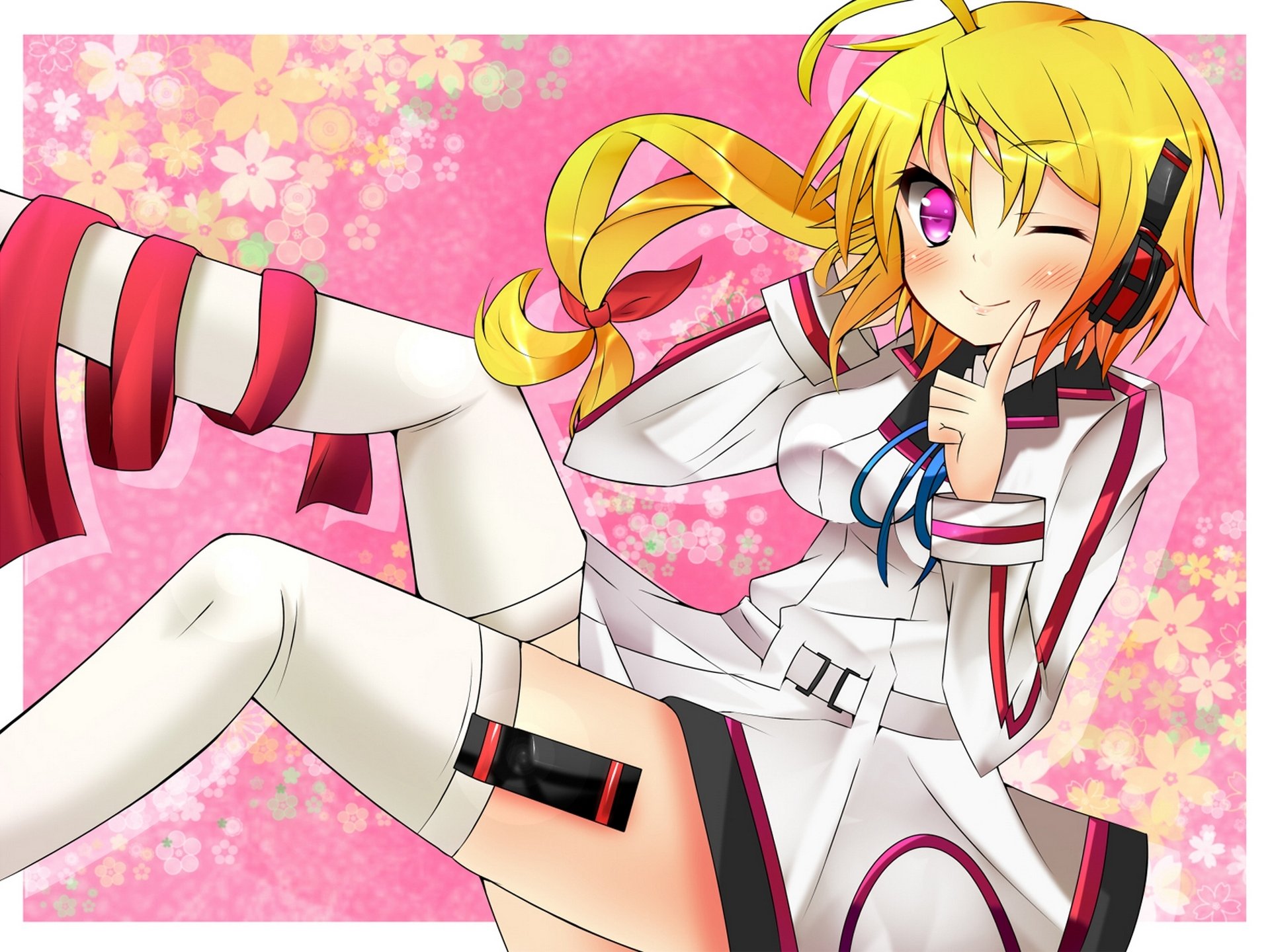 Anime Infinite Stratos HD PC desktop wallpaper and background: winking blonde girl in white IS uniform with headphones, playful pose against a pink floral backdrop.