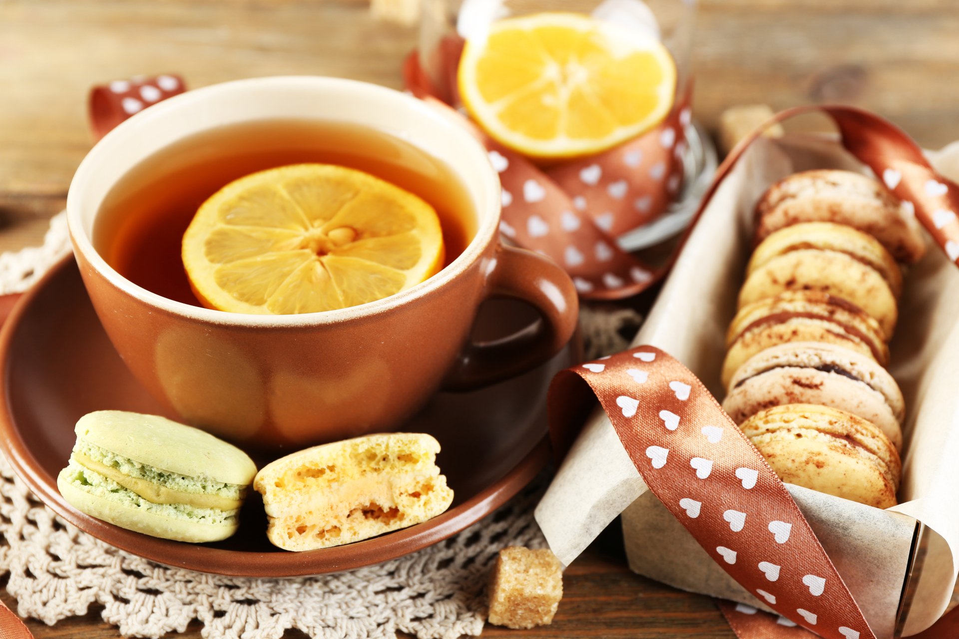 Download Macaron Lemon Cup Tea Food Dessert  4k Ultra HD Wallpaper