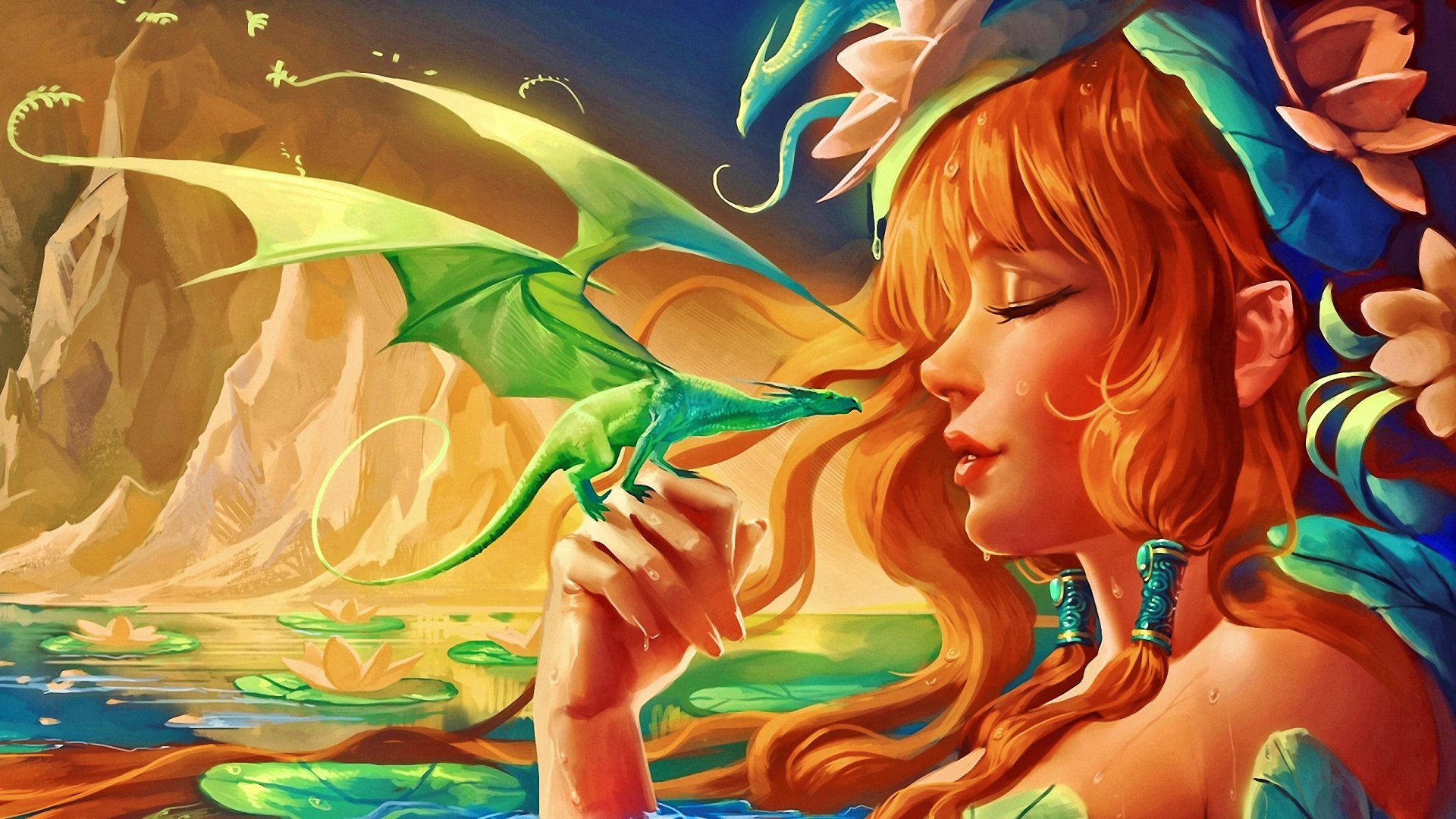 HD fantasy PC wallpaper featuring a woman with red hair gently interacting with a small green dragon in a vibrant, magical landscape.