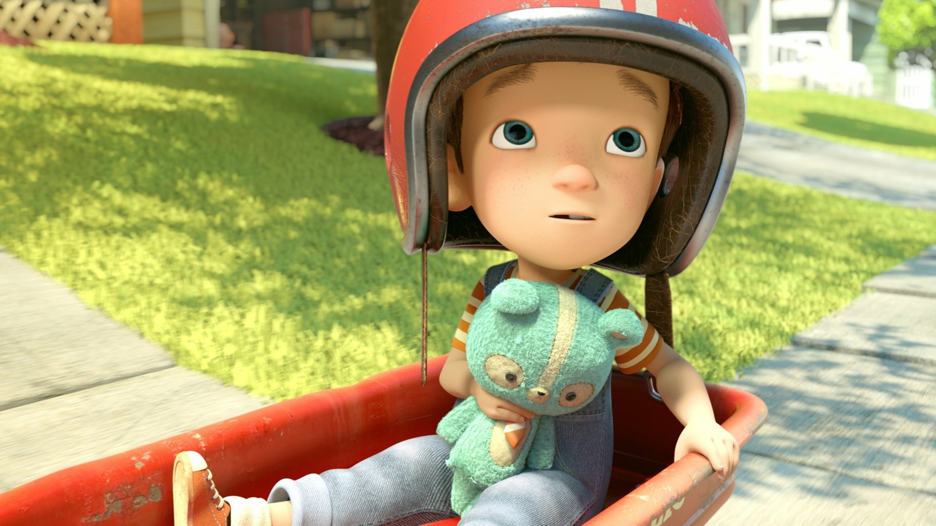 HD PC desktop wallpaper from the movie Taking Flight, featuring an animated child wearing a helmet and holding a teddy bear while sitting in a red wagon.