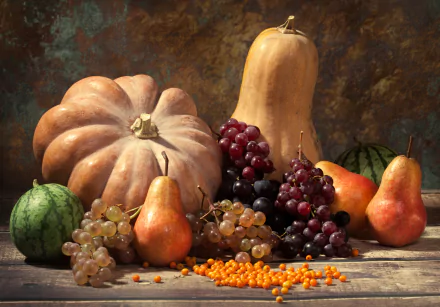 A 4K Ultra HD still life desktop wallpaper showcasing a fall harvest with pears, grapes, pumpkins, and small watermelons arranged on a wooden surface.