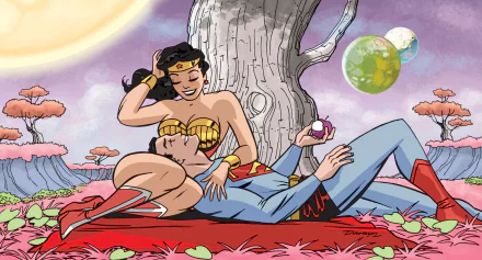 HD PC desktop wallpaper featuring Wonder Woman and Superman in a relaxed, affectionate moment under a tree with colorful planets in the background, showcasing comic-style art.