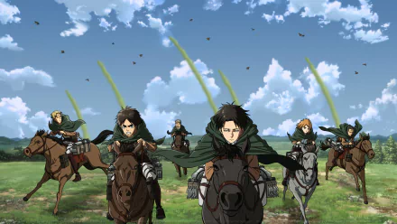 A dynamic HD desktop wallpaper featuring characters Gunther Schultz, Petra Ral, Oluo Bozado, Mike Zacharias, Eren Yeager, and Levi Ackerman from the anime Attack on Titan, riding into action.
