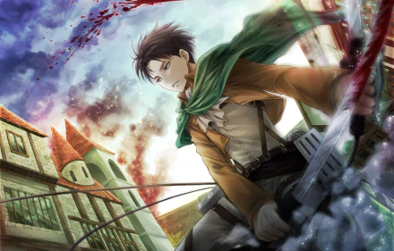 HD wallpaper featuring Levi Ackerman from the anime Attack on Titan, showcasing his determined expression and dynamic pose against a dramatic backdrop.