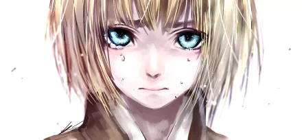 A high-definition wallpaper featuring Armin Arlert from the anime Attack on Titan, capturing a poignant expression with blue eyes and tears, conveying deep emotion.