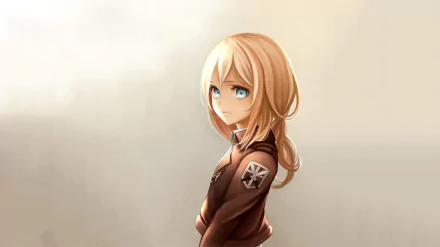 Anime HD wallpaper features Historia Reiss from Attack on Titan. She has blonde hair, blue eyes, and wears a jacket.