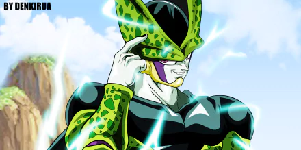 A high-definition desktop wallpaper featuring Cell from Dragon Ball Z, showcasing his colorful design and powerful stance against a scenic backdrop.