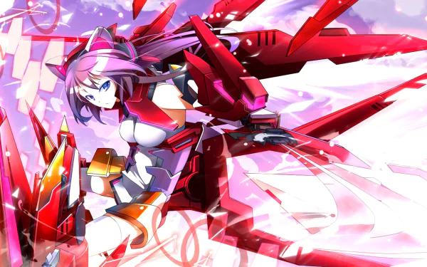 HD PC desktop wallpaper: Infinite Stratos anime character—purple-haired pilot in red-and-white mecha armor, dynamic flight pose with glowing energy blades and futuristic wings.