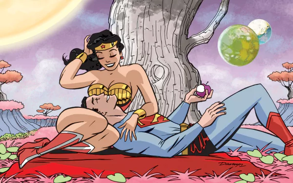 HD PC desktop wallpaper featuring Wonder Woman and Superman in a relaxed, affectionate moment under a tree with colorful planets in the background, showcasing comic-style art.