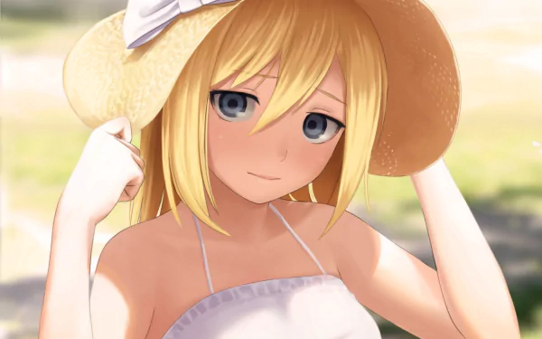 HD anime desktop wallpaper featuring Historia Reiss from Attack on Titan, depicted with blonde hair and a wide-brimmed hat in a bright outdoor setting.