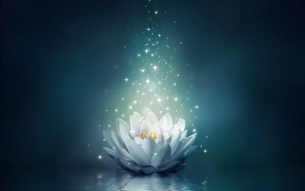 A serene water lily blooms in softly illuminated water, surrounded by sparkling light, creating an artistic and tranquil atmosphere in this 4K Ultra HD wallpaper.