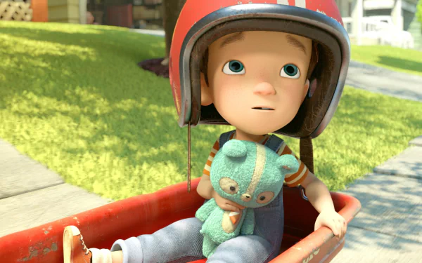 HD PC desktop wallpaper from the movie Taking Flight, featuring an animated child wearing a helmet and holding a teddy bear while sitting in a red wagon.