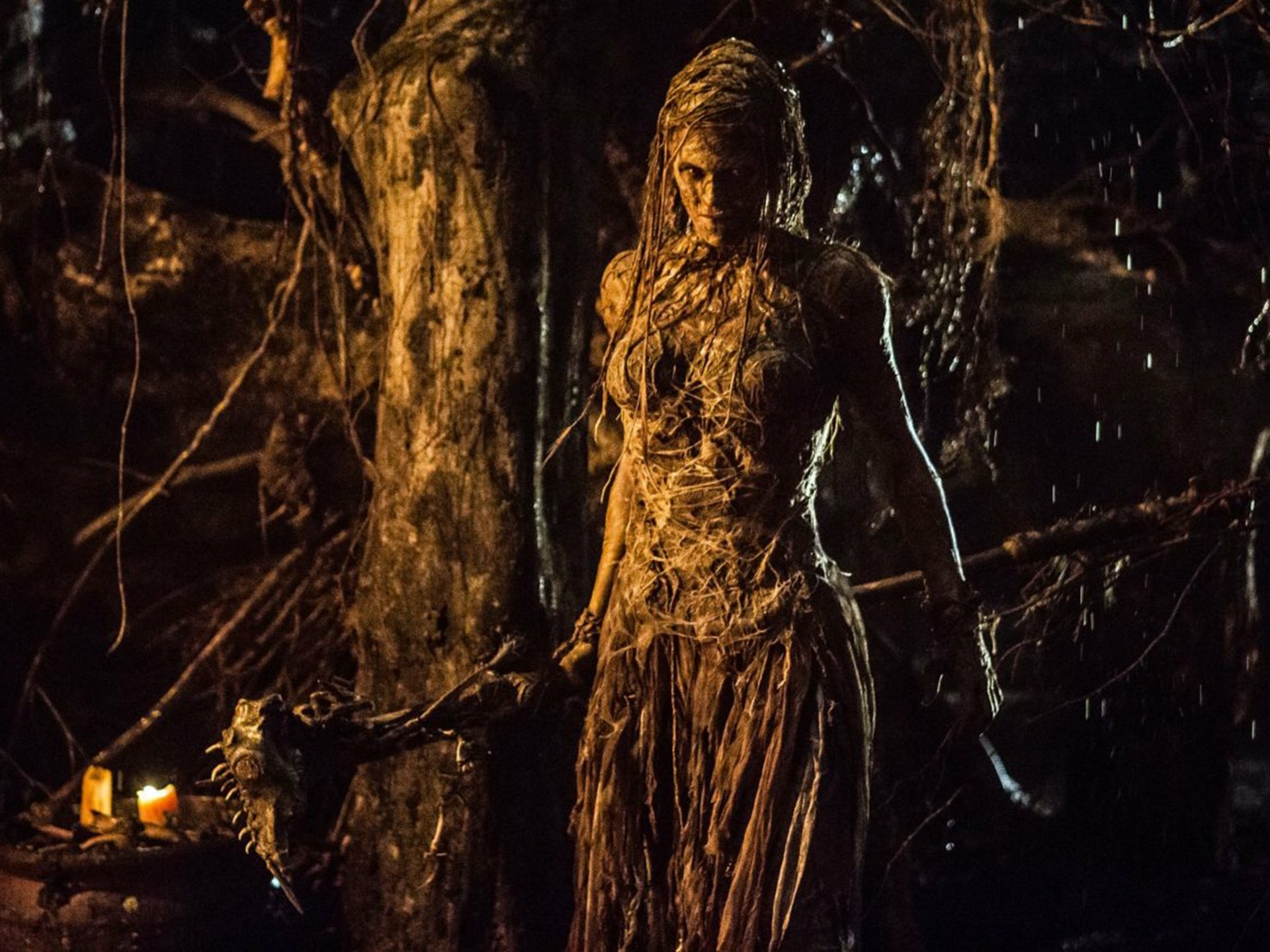 Witch Queen in matted robes and tangled vines, standing by candles among twisted trees — HD desktop wallpaper from the movie The Last Witch Hunter.