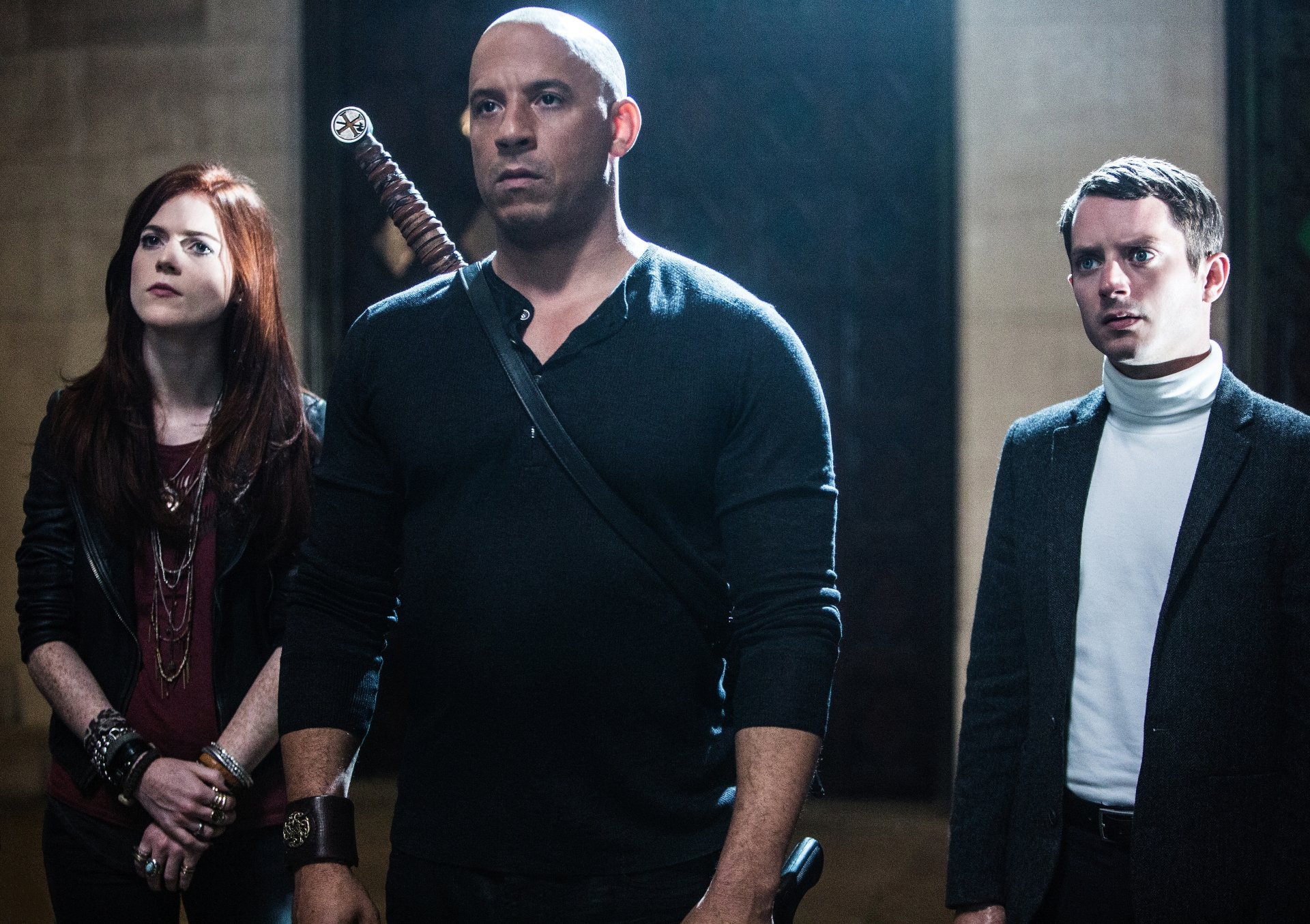 4K Ultra HD wallpaper featuring Elijah Wood, Vin Diesel, and Rose Leslie as Dolan, Kaulder, and Chloe from the movie The Last Witch Hunter.