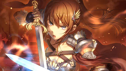 A fierce anime warrior with brown hair and blue eyes dons shining armor and wields a sword against a fiery backdrop, creating a captivating HD wallpaper.