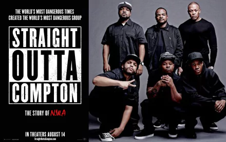 4K Ultra HD PC desktop wallpaper featuring the movie Straight Outta Compton, showing six men in black attire posing against a dark background with bold white text.