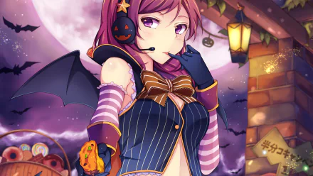 Anime Halloween HD desktop wallpaper featuring Maki Nishikino from Love Live! dressed in a bat-themed costume with festive lanterns and a full moon in the background.