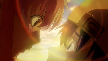 A striking HD wallpaper from the anime Mirai Nikki, featuring two characters in an intense moment, framed by a glowing sunset backdrop.