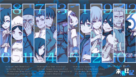 HD desktop wallpaper featuring characters from the anime Mirai Nikki. The image displays several characters from the series, each marked with a number corresponding to their positions in the story.