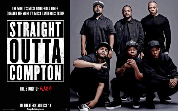 4K Ultra HD PC desktop wallpaper featuring the movie Straight Outta Compton, showing six men in black attire posing against a dark background with bold white text.