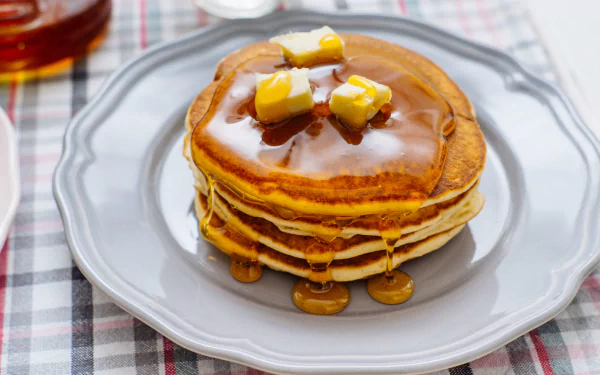 HD desktop wallpaper featuring a stack of golden pancakes topped with melting butter and drizzled honey on a plate, highlighting food and breakfast themes.