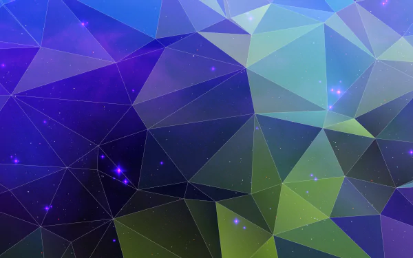 HD desktop wallpaper featuring an abstract design with colorful, interlocking triangles in shades of blue, green, and purple, creating a geometric pattern.