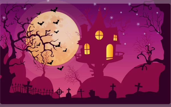 HD PC desktop wallpaper featuring a spooky Halloween scene with a haunted house, full moon, bats, and a graveyard under a purple sky, capturing the holiday spirit.