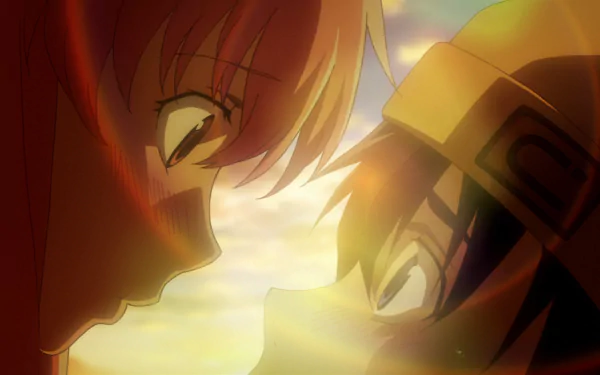 A striking HD wallpaper from the anime Mirai Nikki, featuring two characters in an intense moment, framed by a glowing sunset backdrop.