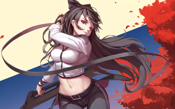 Blake Belladonna from RWBY in her Intruder outfit, depicted in an anime style with long flowing hair and a dynamic pose against a vibrant autumn background.