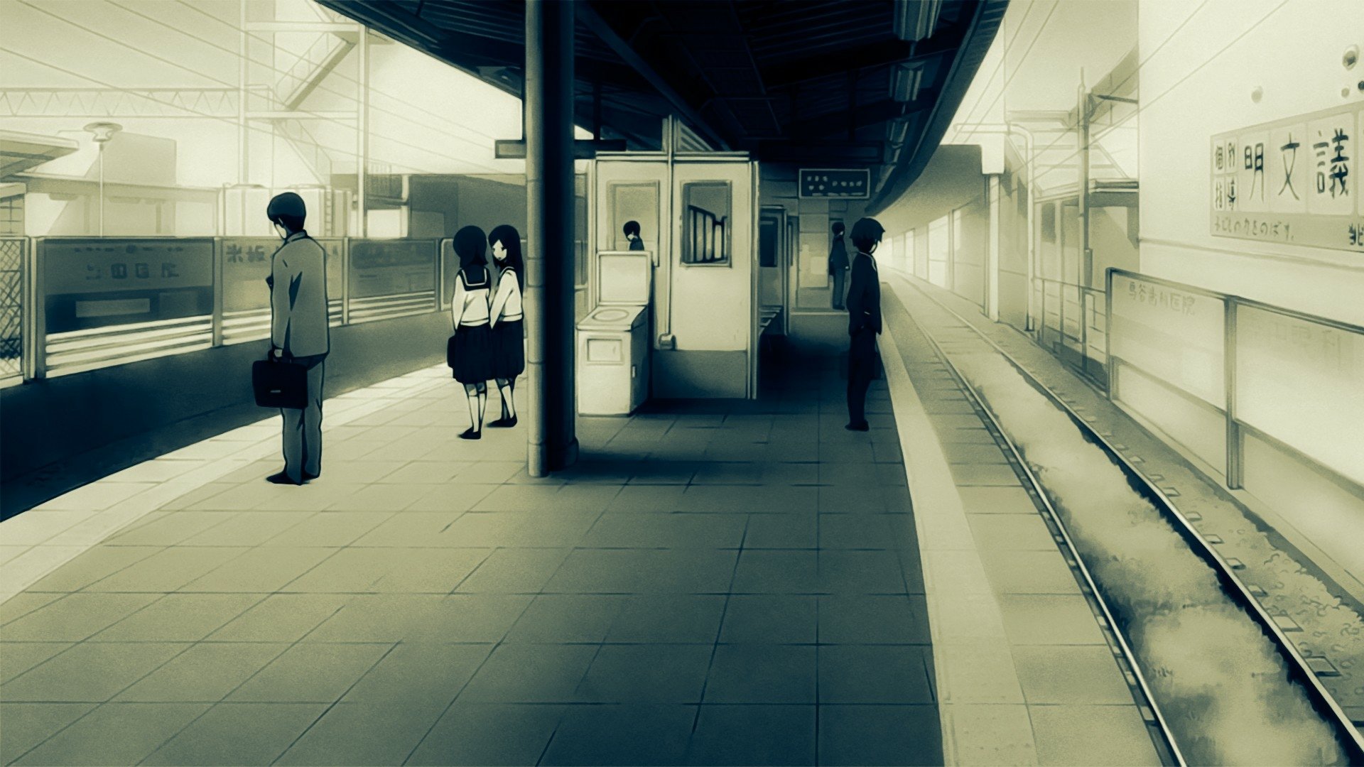 A serene HD desktop wallpaper featuring a scene from Chunibyo & Other Delusions, depicting characters waiting at a quiet train station, evoking a sense of longing and connection.