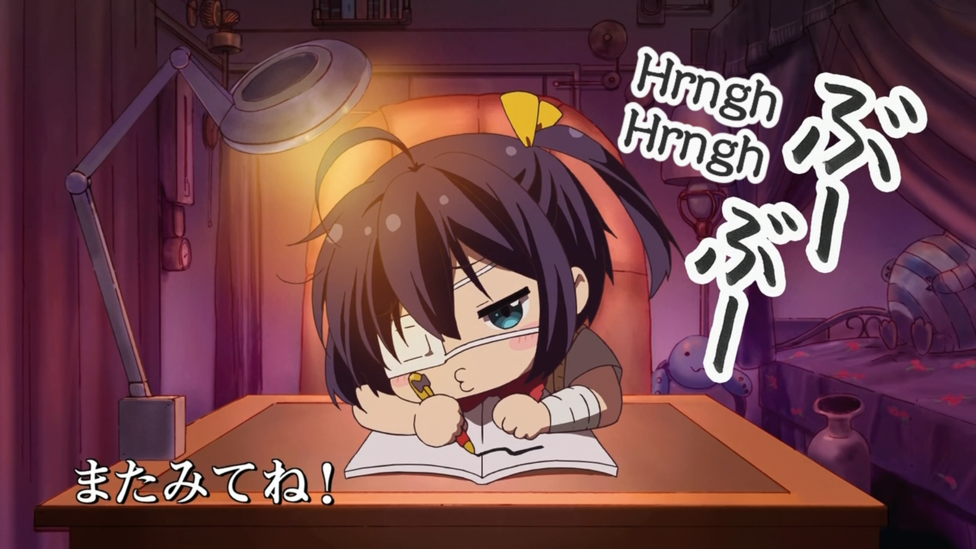Rikka Takanashi from Love, Chunibyo & Other Delusions is shown studying at a desk, surrounded by a cozy, colorful background, capturing her unique charm and determination.