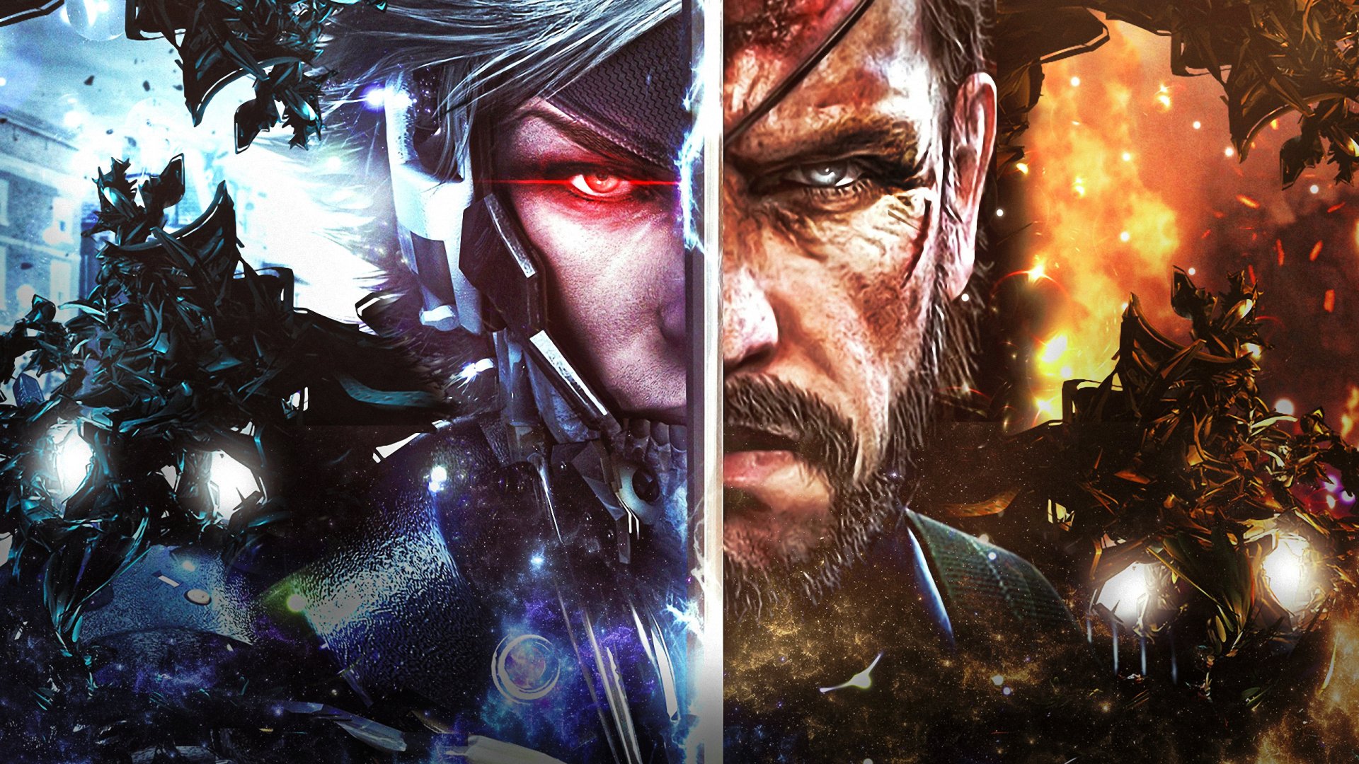 2K Quad HD PC wallpaper: split portraits of Raiden (Metal Gear) and Venom Snake, cybernetic warriors separated by a blade against icy blue and fiery orange Metal Gear Rising: Revengeance backdrop.