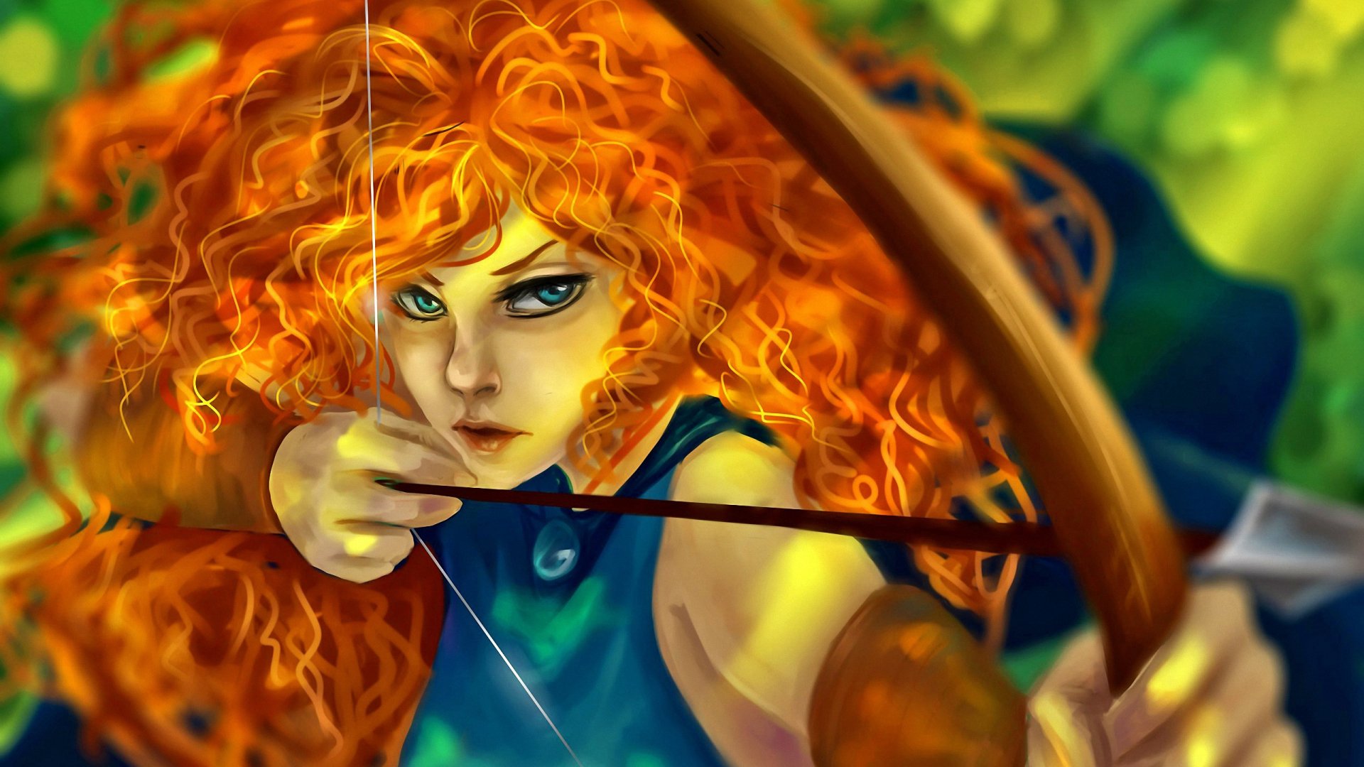 HD PC desktop wallpaper featuring Merida from the movie Brave, showcasing her fierce expression and fiery red hair as she draws her bow in a vibrant fantasy setting.