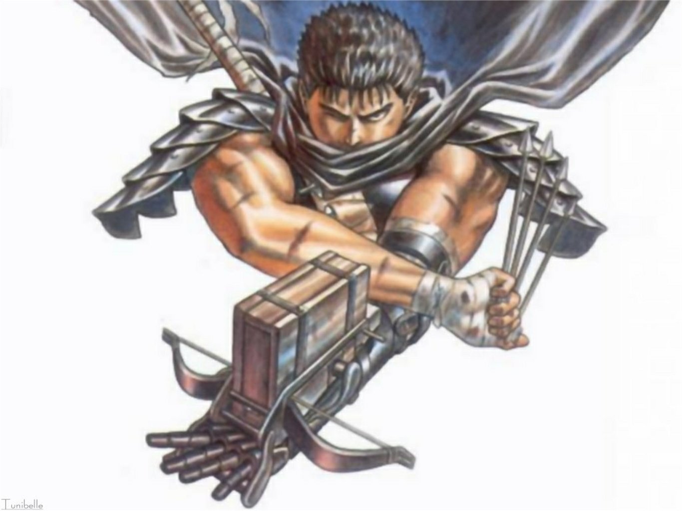 HD anime desktop wallpaper featuring Guts from Berserk, poised with his crossbow ready for battle in a dynamic action pose.