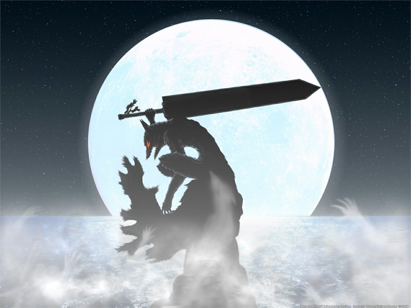 HD PC desktop wallpaper featuring a dark, silhouetted figure from the anime Berserk wielding a massive sword against a glowing full moon backdrop.