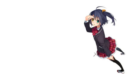A vibrant HD wallpaper featuring Rikka Takanashi from Love, Chunibyo & Other Delusions, showcasing her in a school uniform with a skirt and thigh-highs, against a clean background.
