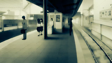 A serene HD desktop wallpaper featuring a scene from Chunibyo & Other Delusions, depicting characters waiting at a quiet train station, evoking a sense of longing and connection.