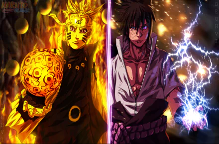 HD desktop wallpaper featuring Anime characters Sasuke Uchiha and Naruto Uzumaki from Naruto, showcasing their powerful auras and abilities with vibrant energy effects.