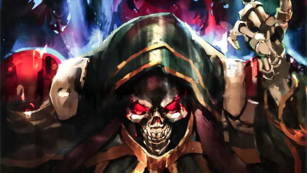 HD desktop wallpaper featuring Ainz Ooal Gown from the anime Overlord, showcasing the character with a dark, menacing expression and vibrant, detailed colors in the background.